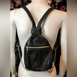 Crossbody Black Faux Leather Mini Bag Silver Tone Chain Straps